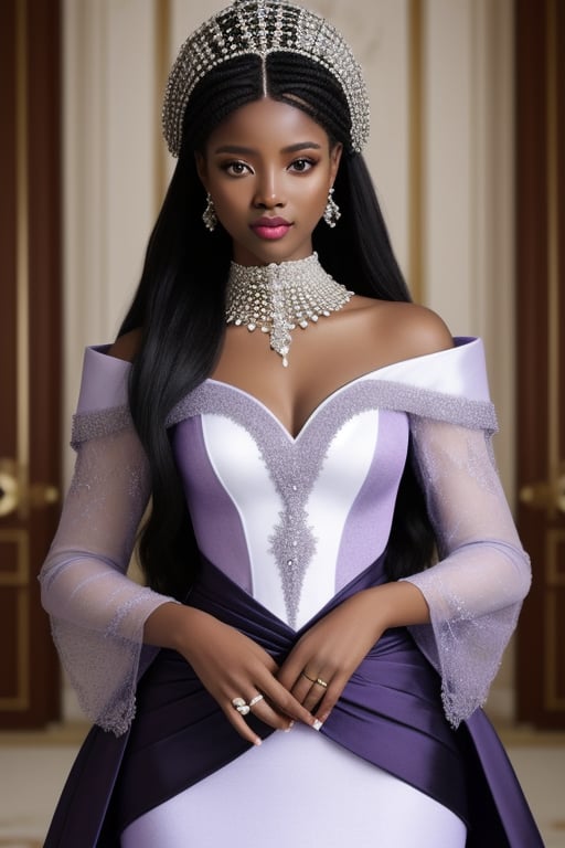  african black woman, afro long hair, purple realistic dress hauter couture, garments Luxurious Costume diamonds. background white