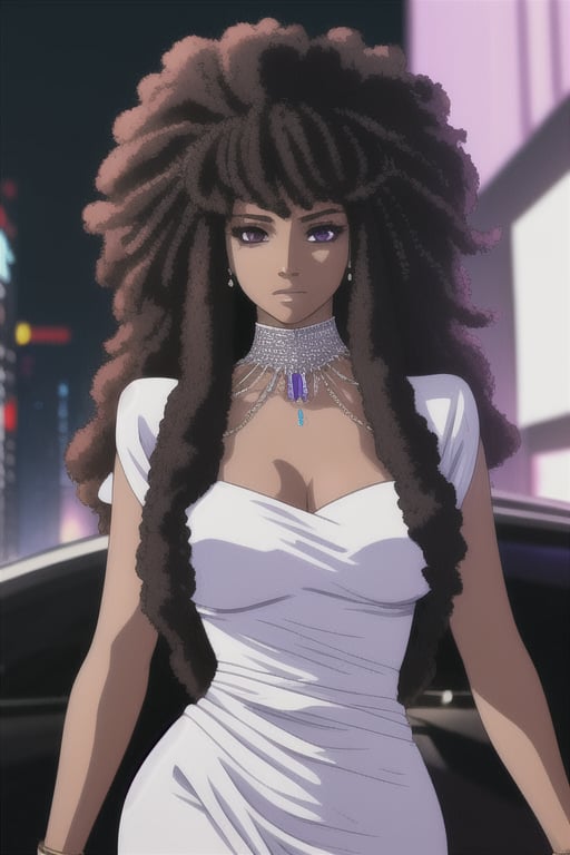  african black woman, afro long hair, purple realistic dress, garments cyberpunk and Luxurious Costume diamonds. background white, white fund