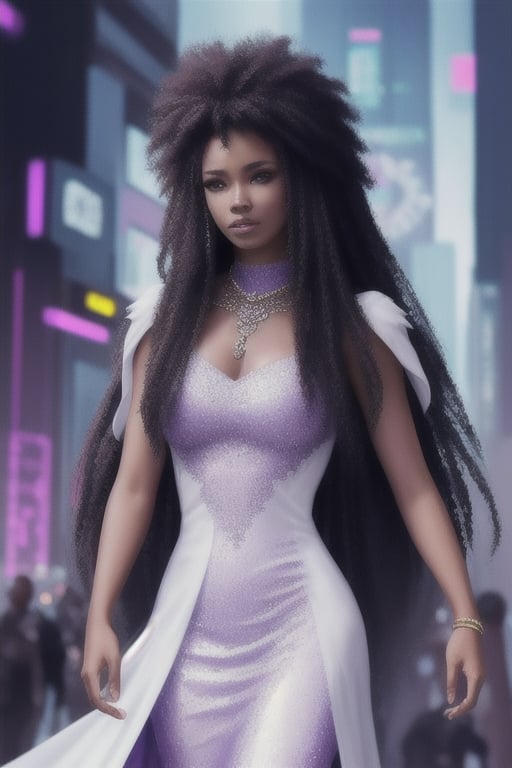  african black woman, afro long hair, purple realistic dress, garments cyberpunk and Luxurious Costume diamonds. background white, white fund