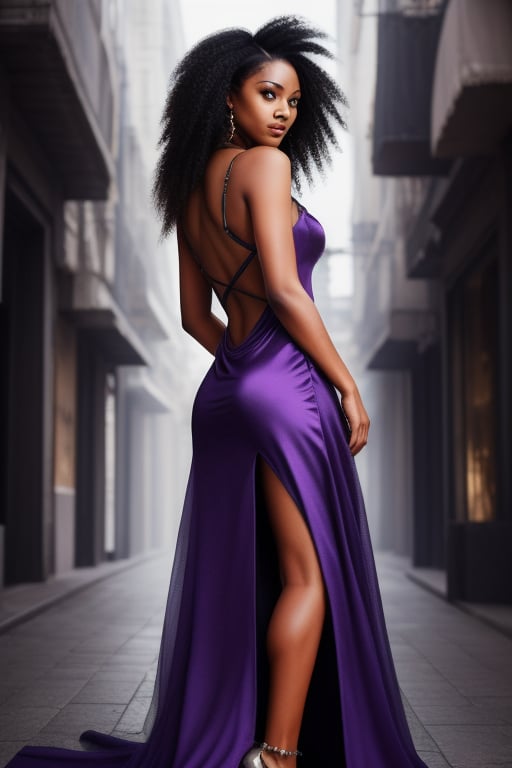  african black woman, afro long hair, purple realistic dress hauter couture, garments cyberpunk and Luxurious Costume diamonds. background white