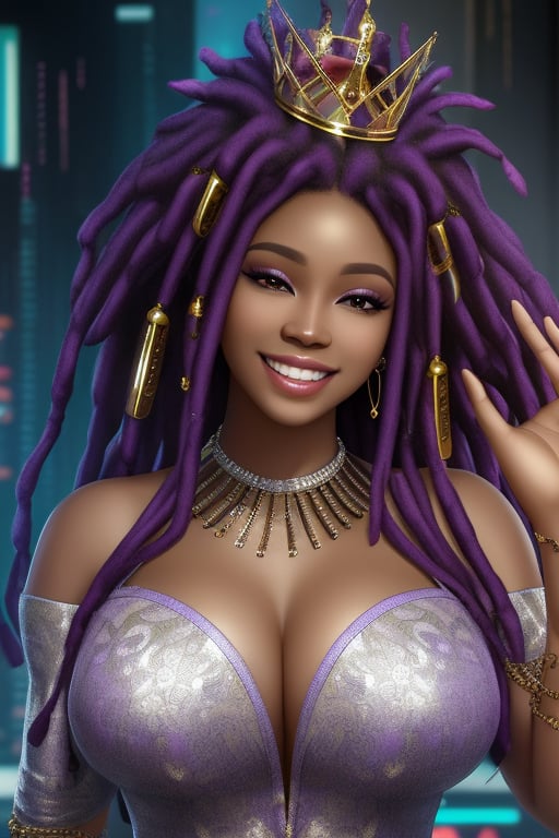 a queen african black woman plus size, afro long dreads hair purple realistic texture hair, cyberpunk garments opulence Luxurious Costume diamonds, Diamond and Silver Accessory, smiling face