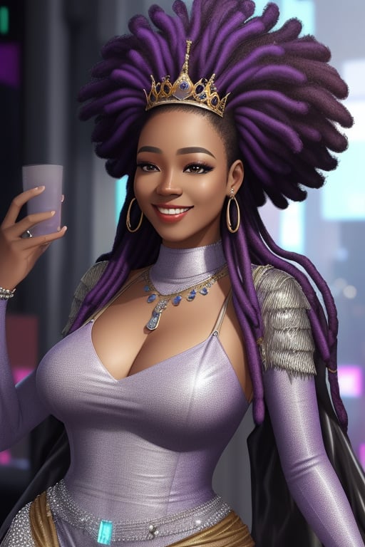 a queen african black woman plus size, afro long dreads hair purple realistic texture hair, cyberpunk garments opulence Luxurious Costume diamonds, Diamond and Silver Accessory, smiling face