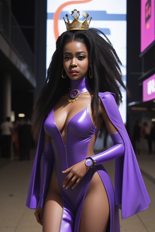 a queen african black woman, afro long hair purple realistic, cyberpunk garments Luxurious Costume