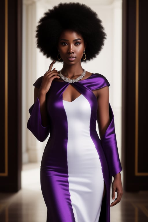  african black woman, afro long hair, purple realistic dress hauter couture, garments cyberpunk and Luxurious Costume diamonds. background white