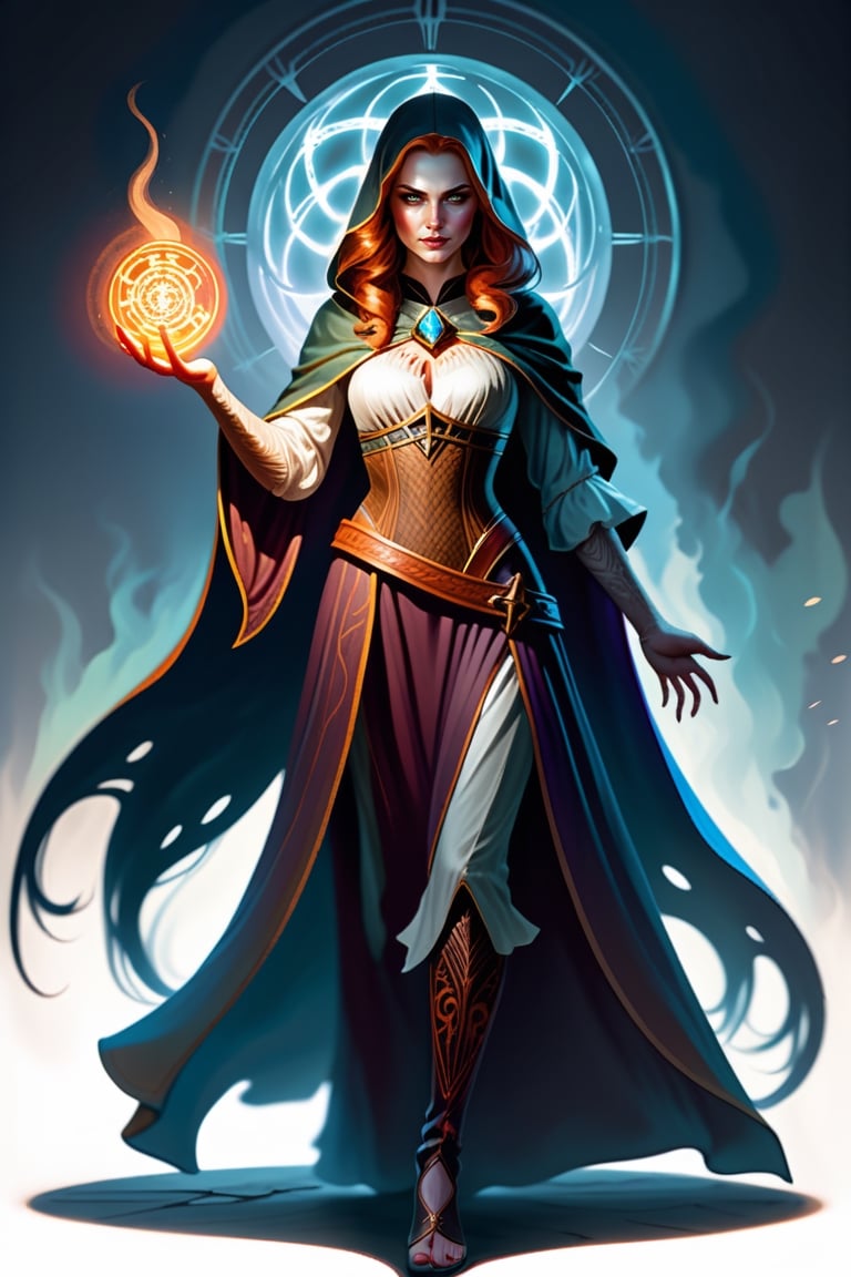 A barefoot and ancient female warlock with a deadly beautiful appearance, standing on a white background, dark and devilish, casting a sinister spell