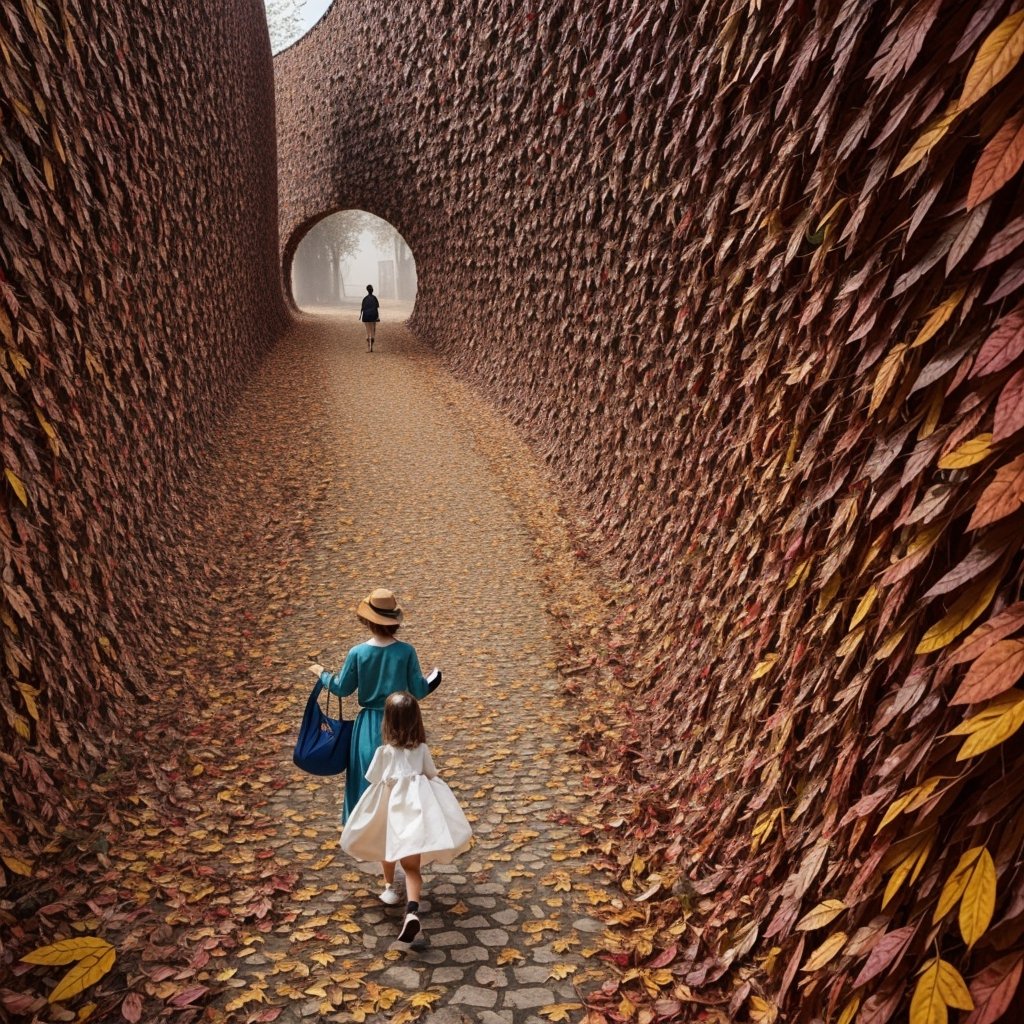 A young girl is walking down the street wearing a beautiful dress made of leaves. She is carrying a bag with a logo that is also made of leaves. The girl is walking in a trippy world where everything is distorted and swirling around her.,High detailed ,EpicArt,JAR