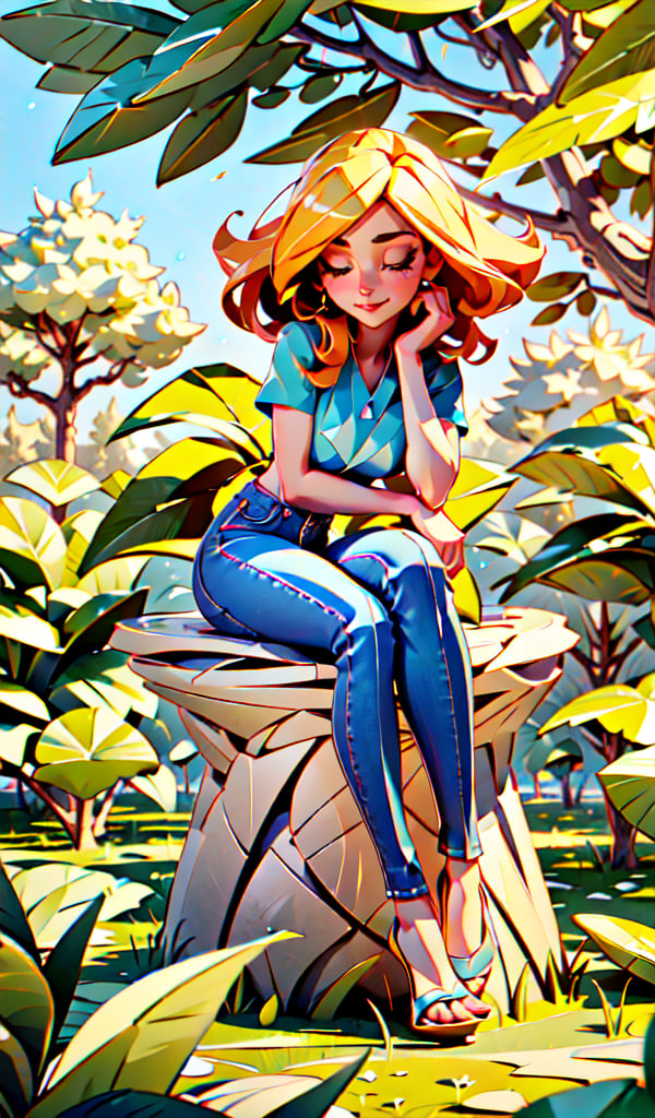 
young beautiful girl resting, Detailed and prominent details with deep shadows, under the shade of a tree, perfect body, 8k, full body, bare feet, digital art, tight jeans, full lentgh picture, green land, flowers, sunny day, the dew on leafs, volumetric light, realistic anime style, highly detailed face, high depth of field