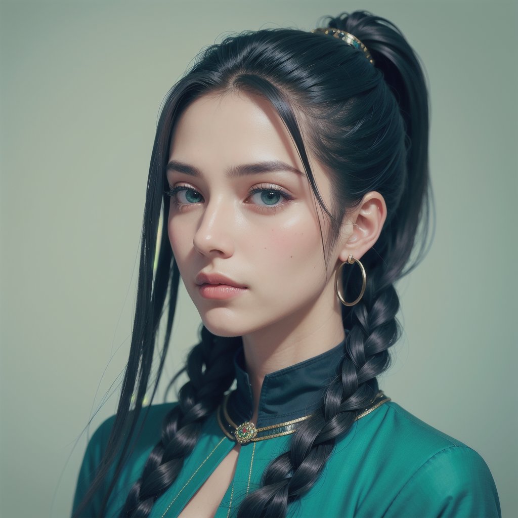 Protrait, photograph, androgynous hunnuman, oval jaw, delicate features, beautiful face, dreadlocked hair, long bangs, long ponytail, bright blue-green eyes, hindu art, Korean