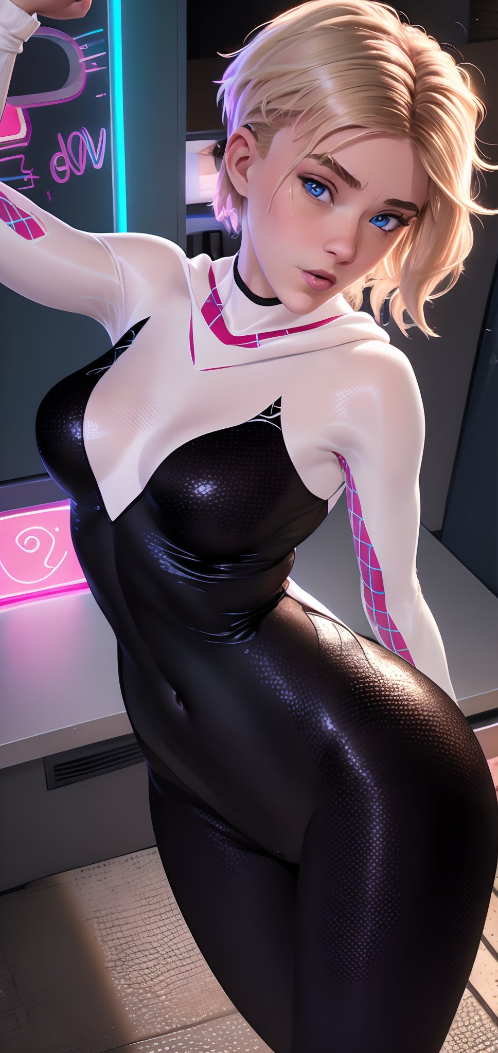 1girl, solo, ((masterpiece)), 17 year old, gwen stacy, animefication, blonde short hair, undercut, asymmetrical hair, selfie, body suit, blue eyes, from above, absurdres, medium breasts, extremely delicate and beautiful, extremely detailed, dimly neon light, graffity art, (best-quality:0.8),grabbing another's ass