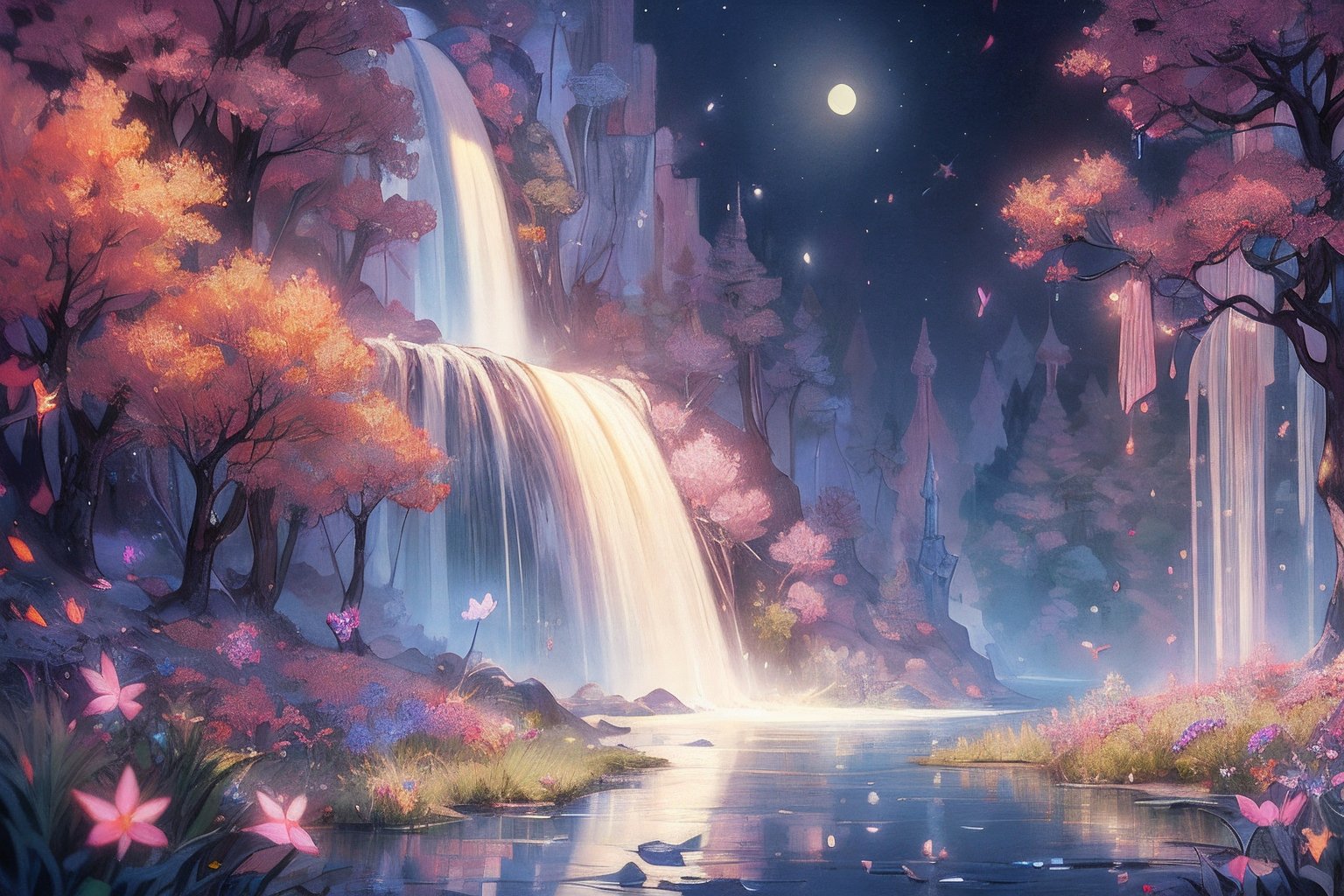 Masterpiece, best quality, A magical forest with glowing trees and wildflowers, a waterfall of moonlight, and fluttering fairies. Generate a stunningly beautiful image with incredible detail and visual effect.