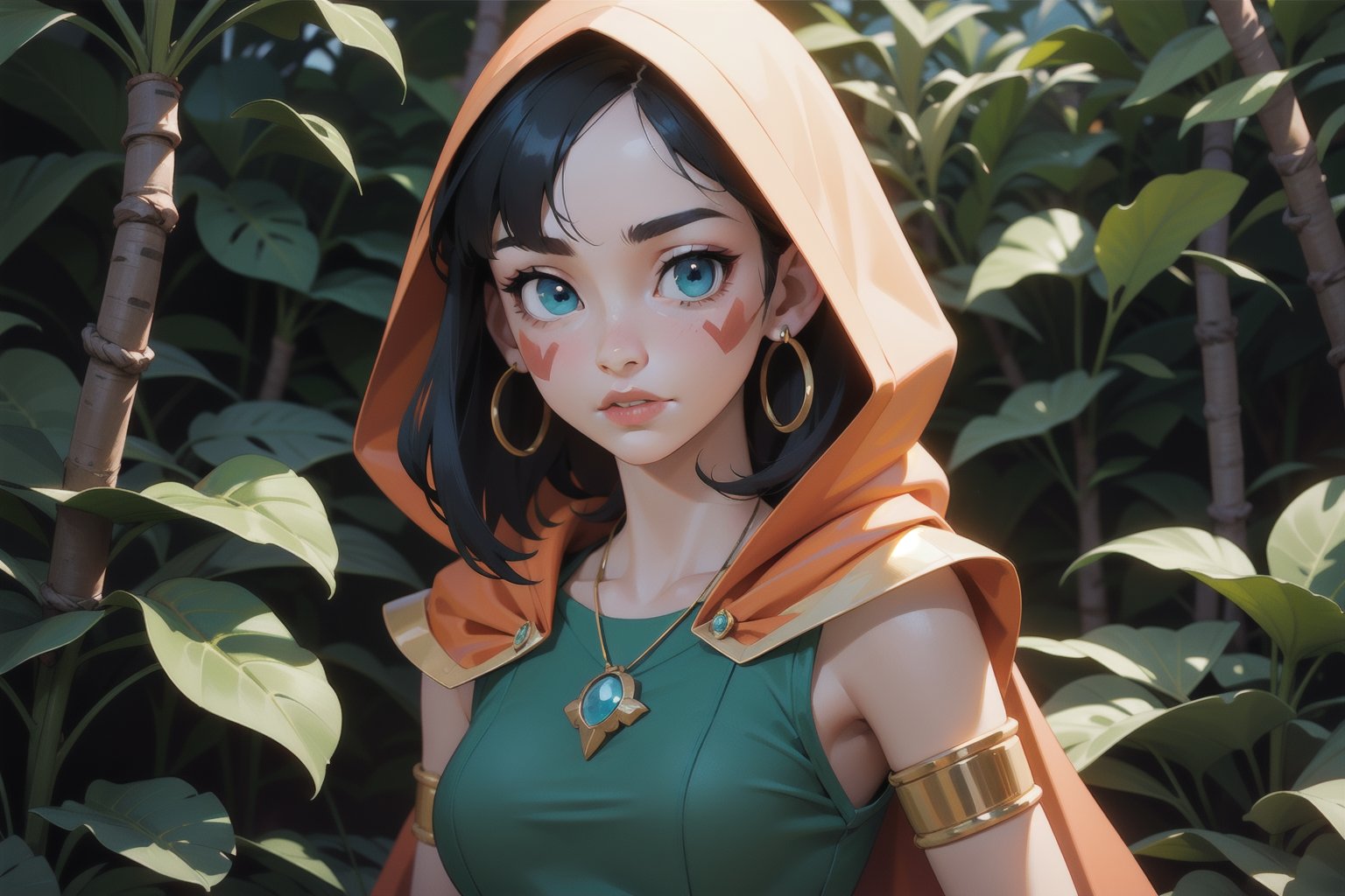 mj3d style,3dmm,3d,(masterpiece, best quality:1.1), ghibli style, san \(mononoke hime\), 1girl, armlet, bangs, golden hair, red undershirt, breasts, cape_hood, circlet, oval earrings, psychedelic facepaint, floating hair, jungle, green blue eyes, jewelry, looking at viewer, medium breasts, nature, necklace, outdoors, parted bangs, shirt, long hair, sleeveless, sleeveless shirt, solo, tooth necklace, tree, upper body, green shirt ,photorealistic,analog,realism,raidenshogundef, blurred_background