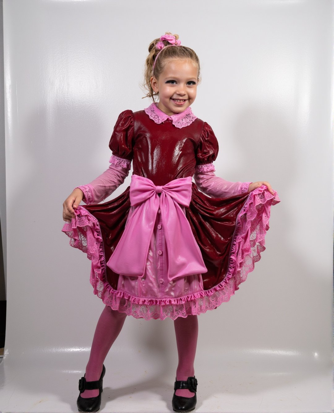 Young girl in a wet soaked baroque lolita costume, with lace and bow, wool tights and heels, cute fringes haircut, cute eyeliner, white wall backgtound