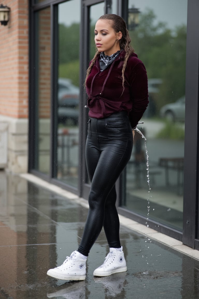 A full-height portrait side-view photo of a young gangster woman with cornrows walking outside a building. She has cute eyeliner and is wearing a very wet, soaked outfit. She is wearing a high-waisted, wet, soaked spandex miniskirt with black tights, a wet velvet hoodie, a black bandana around her neck, white socks, and white high-top Rebook sneakers. The woman has her arms behind her back, and she is handcuffed. Water droplets are seen splashing around her, suggesting that she might have been caught in a sudden downpour or is part of a staged event. The background is blurry and has a bokeh effect.