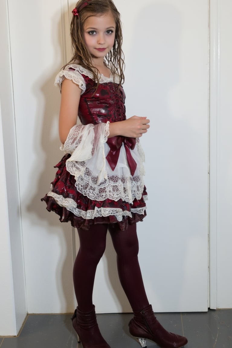 Young girl in a wet soaked baroque lolita costume, with lace and bow, wool tights and heels, cute fringes haircut, cute eyeliner, white wall backgtound