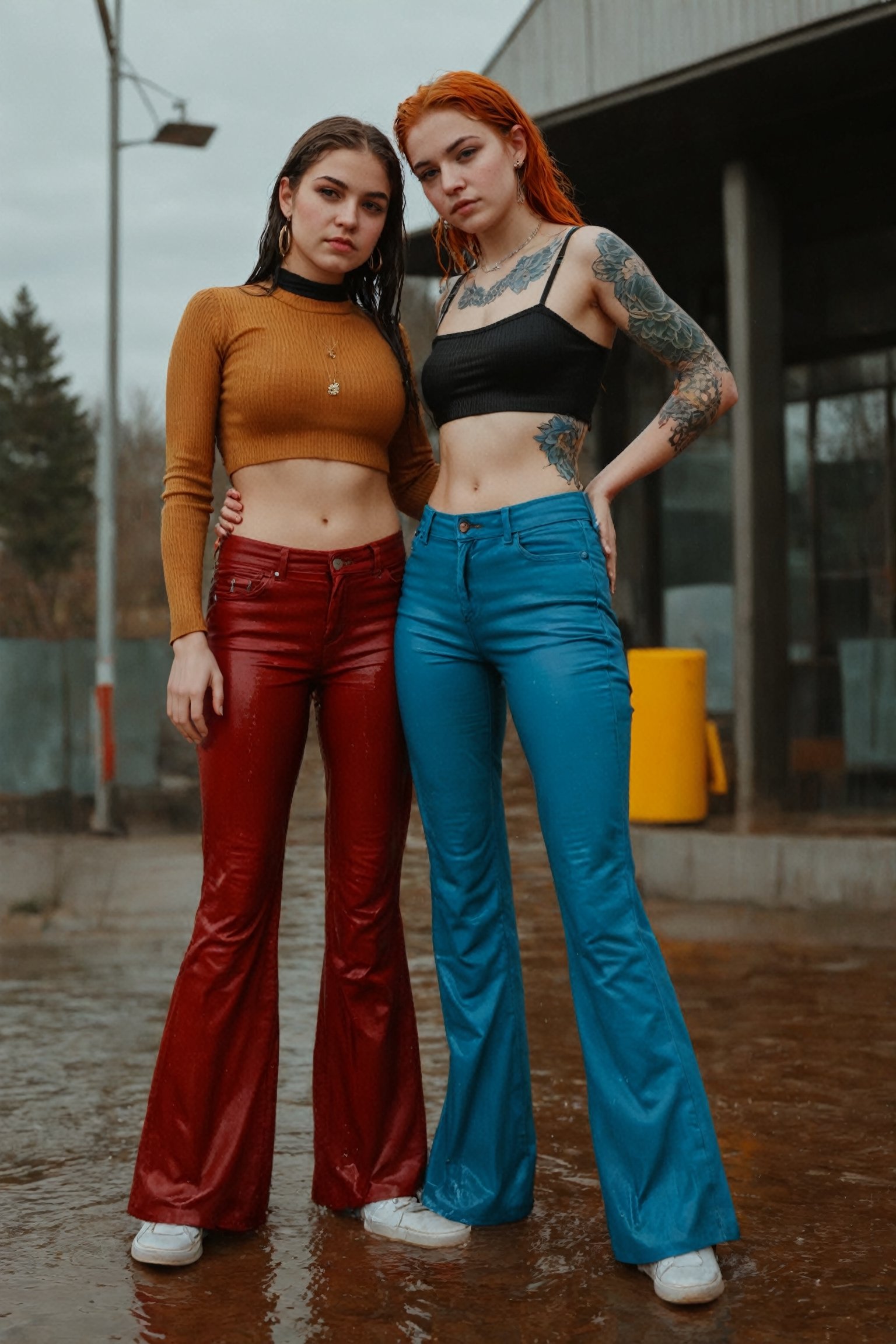 "Capture the intimacy and vulnerability of two girls, standing at a public spot. Render them completely soaked wet, gen z fashion trend, flared pants, tattoo, winter outfit, daylight,  tintime,cyanotime,dagtime,soakingwetclothes