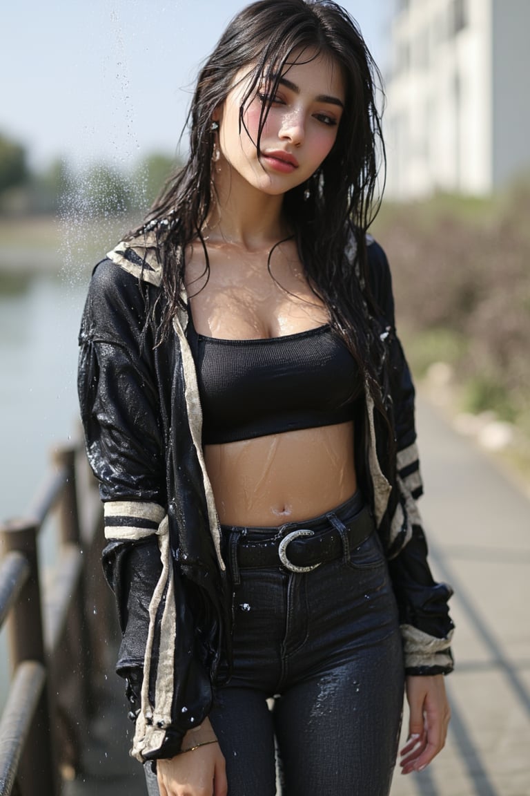 Very wet soaked cute girl in highwaisted skinnyjeans with belt, satin collegejacket, hightop sneakers, straight black hair, cute eyeliner, slums in the background, blurry background,There is water on the skin