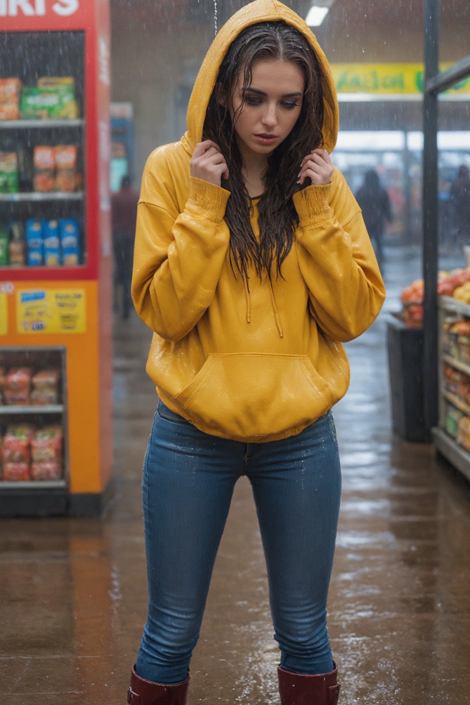 Raw photography, candid, Wet girl, full body shot, highwaistedskinnyjeans, oversized hoodie, boots, wet hair, hourglass figure, beautiful face, big lashes, cleopatra makeup, completly soaked wet, full body shot, downpour, supermarket, in the pouring rain, perfect hands,dagtime,detailmaster2,photo r3al,soakingwetclothes