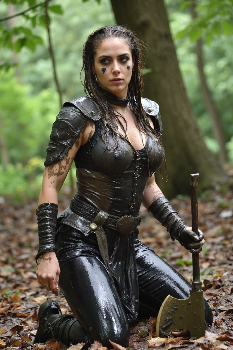 A sensual woman in a forest setting, dressed in a wet soaked detailed, armored outfit. She has long, wavy hair adorned with braids and is wearing dark makeup with striking black markings around her eyes. Belt with wet soaked leggings and boots, She holds a weapon, heavy rain, covered with mud, possibly an axe, and is kneeling on the forest floor, surrounded by fallen leaves and trees. The background is blurry. wet clothes, wetlook,