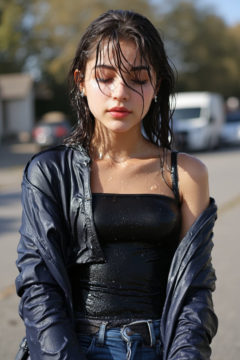 Very wet soaked cute girl in highwaisted skinnyjeans with belt, satin collegejacket, hightop sneakers, straight black hair, cute eyeliner, slums in the background, blurry background,There is water on the skin