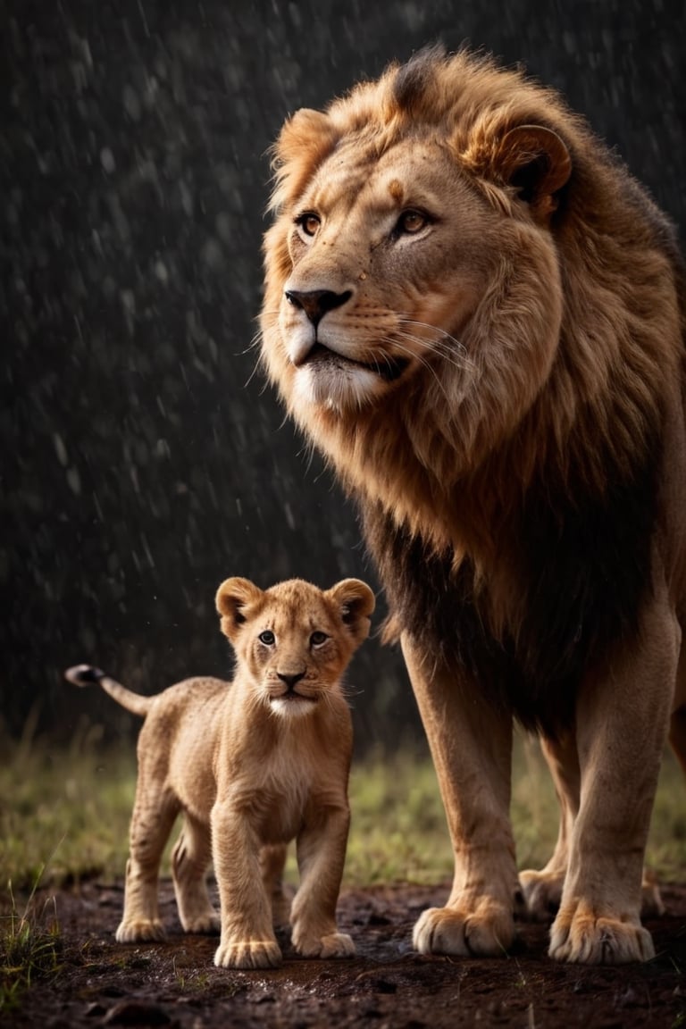 a lion king and a lion cub head raining in the savannah, dark background