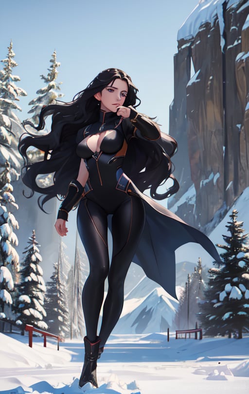 Best quality, masterpiece, ultra high res, (photorealistic:1.37), raw photo, a realistic young woman, long black wavy hair in the air, blue eyes,  detailed eyes and face, slight injuris after wining a fight full body, perfect anatomy. Medium breast. perfect fingers.  buisines suite with intrecate details, victory pose, dynamic lighting, in the dark, deep shadow, low key, cinematic image, outdoor fighting arena and snowy mountain on the background.