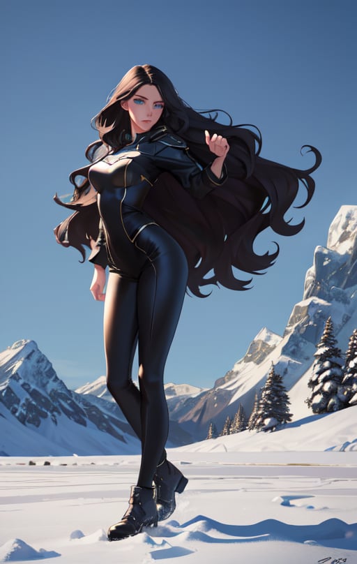 Best quality, masterpiece, ultra high res, (photorealistic:1.37), raw photo, a realistic young woman, long black wavy hair in the air, blue eyes,  detailed eyes and face, slight injuris after wining a fight full body, perfect anatomy. Medium breast. perfect fingers.  buisines suite with intrecate details, victory pose, dynamic lighting, in the dark, deep shadow, low key, cinematic image, outdoor fighting arena and snowy mountain on the background.