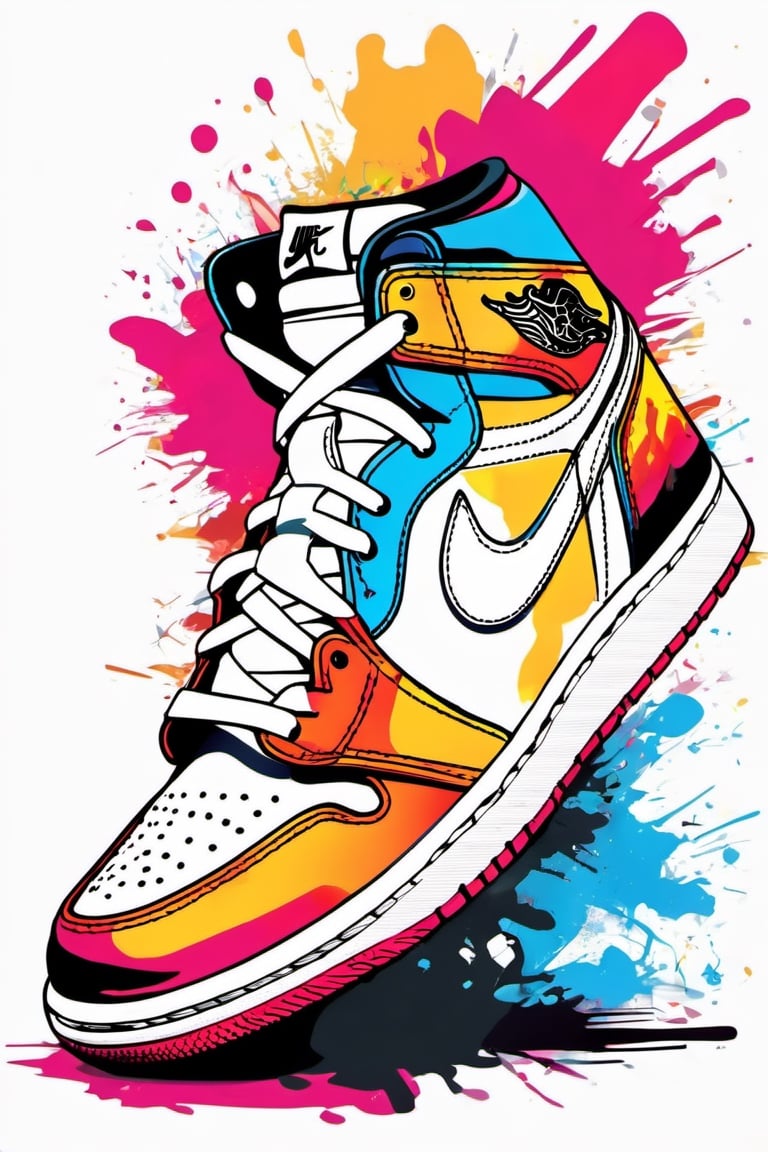 vector t-shirt art ready for print colorful graffiti illustration of Jordan 1 sneaker, frontal perspective, action shot, vibrant color, high detail, white background