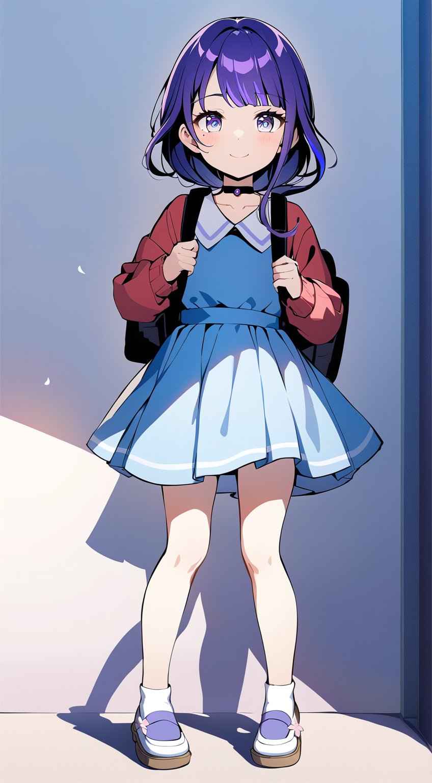 (Raiden Shogun from Genshin Impact dressed as popular girl). short, 4 Years old. (masterpiece, full body photo, sidelighting, 1girl), anime style, go to school, day background, sun light, shadow on the  wall, shadow. sakura flower background, eyelashes, red sweater oversize, blue skirt. red backpack, japan school. ((bye-bye)). eye_glow, blue eyes, purple hair. smile, choker. ponytail. 