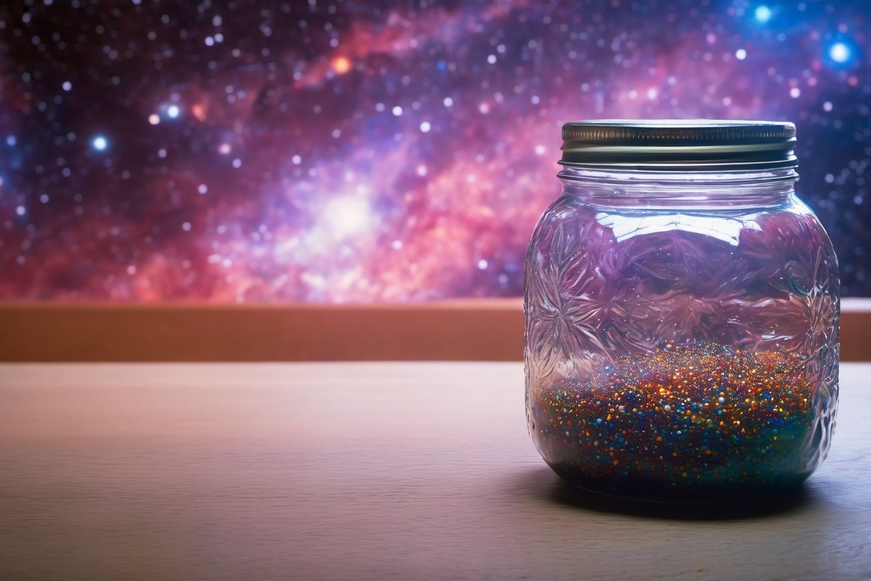 Highly detailed RAW color Photo, top Angle, a nebula in a mason jar, vivid detail, (nebula), (sci-fi), Mason Jar sitting on kitchen counter (highly detailed, hyperdetailed, intricate), particle effects, raytracing, cinematic lighting, shallow depth of field, photographed on a Sony a9 II, 35mm wide angle lens, sharp focus, cinematic film still, dynamic angle