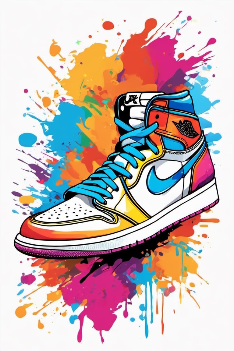 vector t-shirt art ready for print colorful graffiti illustration of Jordan 1 sneaker, frontal perspective, action shot, vibrant color, high detail, white background