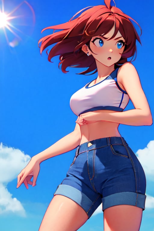 perfect blue eyes,short denim pants, sports bra, confused