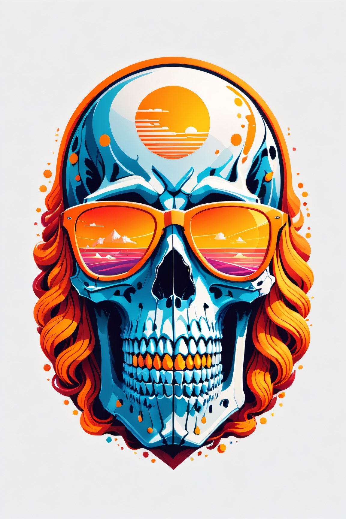 artwork of t-shirt graphic design, flat design of one retro ,retro skeleton ,colorfull shades, highly detailed clean, vector image, photorealistic masterpiece, professional photography, simple sunrise backdrop , flat white background, isometric, vibrant vector((white background))