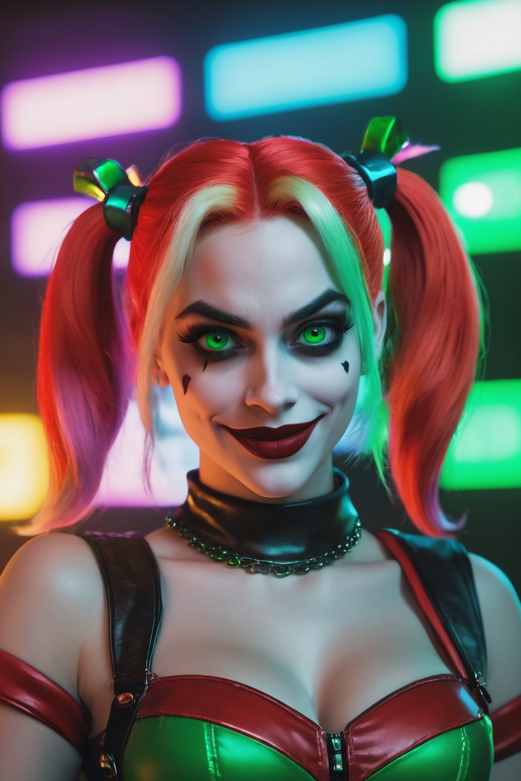 The Harley Quinn with Green Evil Light eyes and lighting green thunder Dc , scary, Classic Academia, Flexography, ultra wide-angle, Game engine rendering, Grainy, Collage, analogous colors, Meatcore, infrared lighting, Super detailed, photorealistic, food photography, Cycles render, 4k, dance joke prank laugh,Leonardo style ,cinematic  moviemaker style