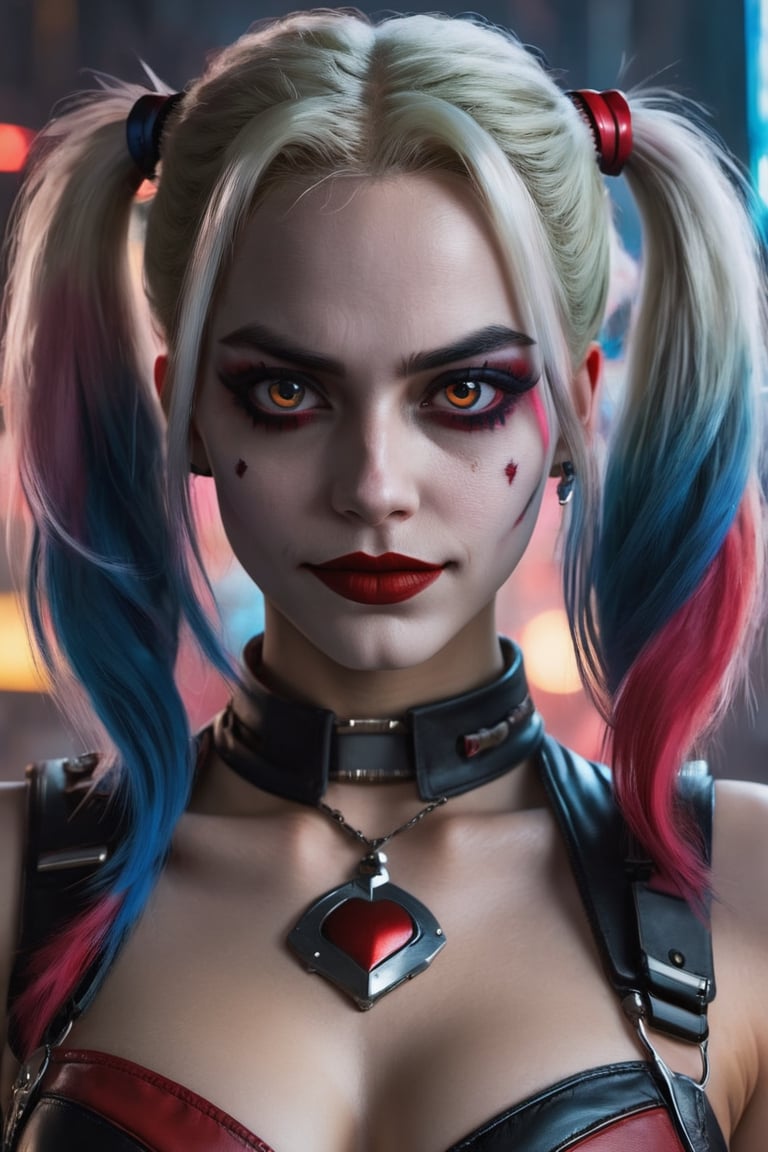 HarleyQuinn1024, cyberpunk background, detailed eyes, photography, highly detailed, sharp focus, trending on artstation, studio photo, intricate details, highly detailed, by greg rutkowski  