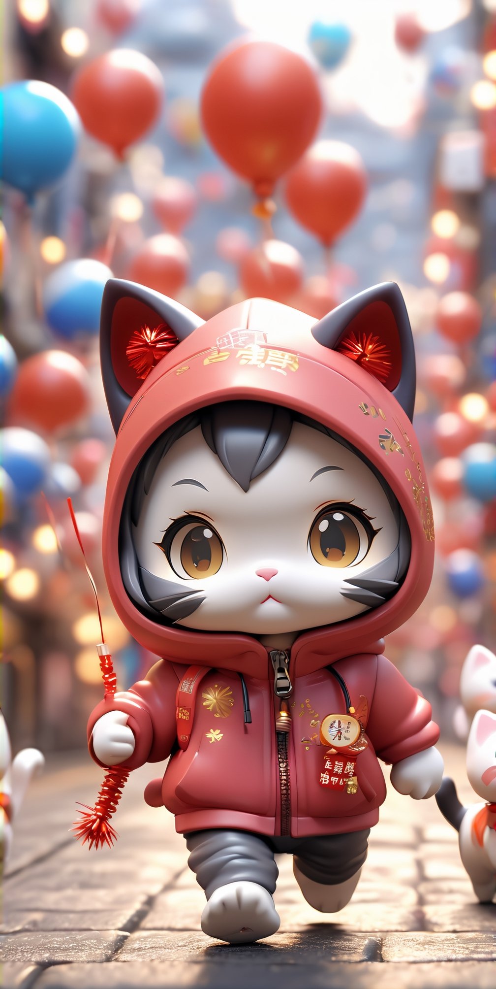 ((chibi style)), chibi cat in hoodie walking on busy street, new year setting, balloon and firecrackers, dynamic angle, depth of field, detail XL, closeup shot, finetune,ghibli,make_3d