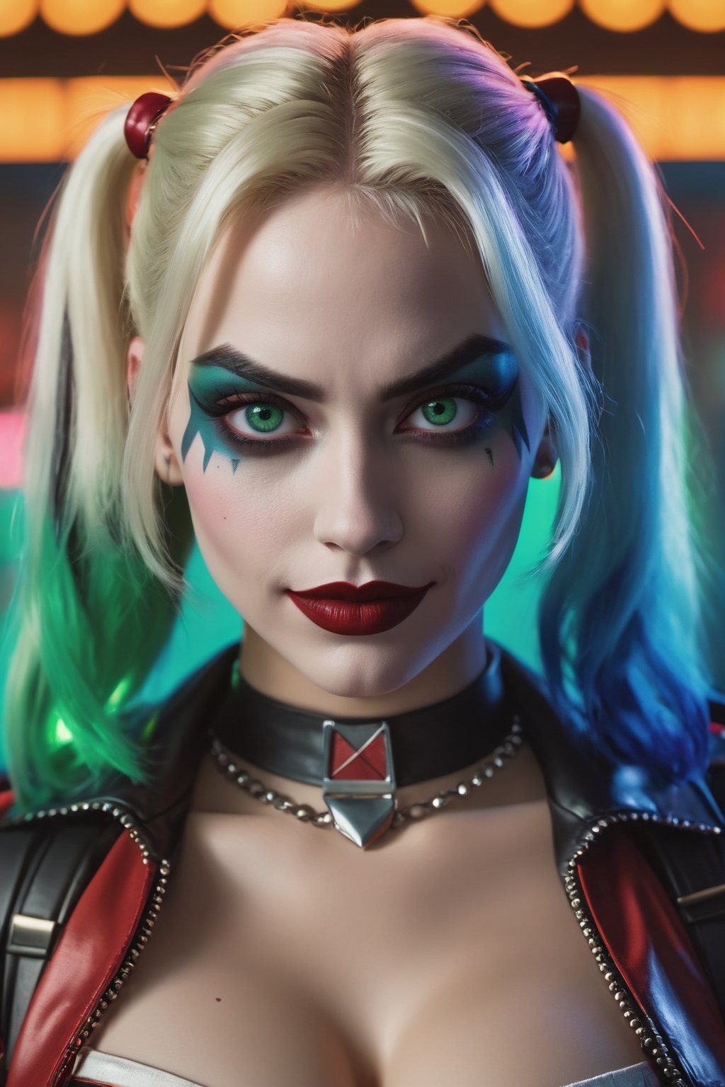 Full body, The Harley Quinn with Green Evil Light eyes and lighting green thunder Dc , scary, Classic Academia, Flexography, ultra wide-angle, Game engine rendering, Grainy, Collage, analogous colors, Meatcore, infrared lighting, Super detailed, photorealistic, food photography, Cycles render, 4k, dance joke prank laugh,Leonardo style ,cinematic  moviemaker style, HarleyQuinn1024, cyberpunk background, detailed eyes, photography, highly detailed, sharp focus, trending on artstation, studio photo, intricate details, highly detailed, Photorealistic depiction of Harley Quinn (Southern Italian face: 1.2), symmetrical facial features, radiant complexion, expressive eyes, perfect eyes, (highly detailed skin, detailed eyes: 1.1), (blue eyes: 1.1), perfect lips, ( makeup lipstick: 0.1), hair intricate detail of Harley Quinn, full body, well-proportioned physique, muscle definition, (large breasts: 1.3), colorful clothing, t-shirts or tops, mini skirts or shorts with boots or costumes luxury, attractive posing style, attractive character, (intriguing pose) aggressive posture, natural skin tones, realistic highlights and shadows, detailed textures, high resolution, photographic precision, 8k uhd, DSLR, soft lighting, intricate details, best quality , film grain, fujifilm XT3, analog style, instagram, tik tok, (female style: 1.2), (in club:1.1), stick accessories, armed