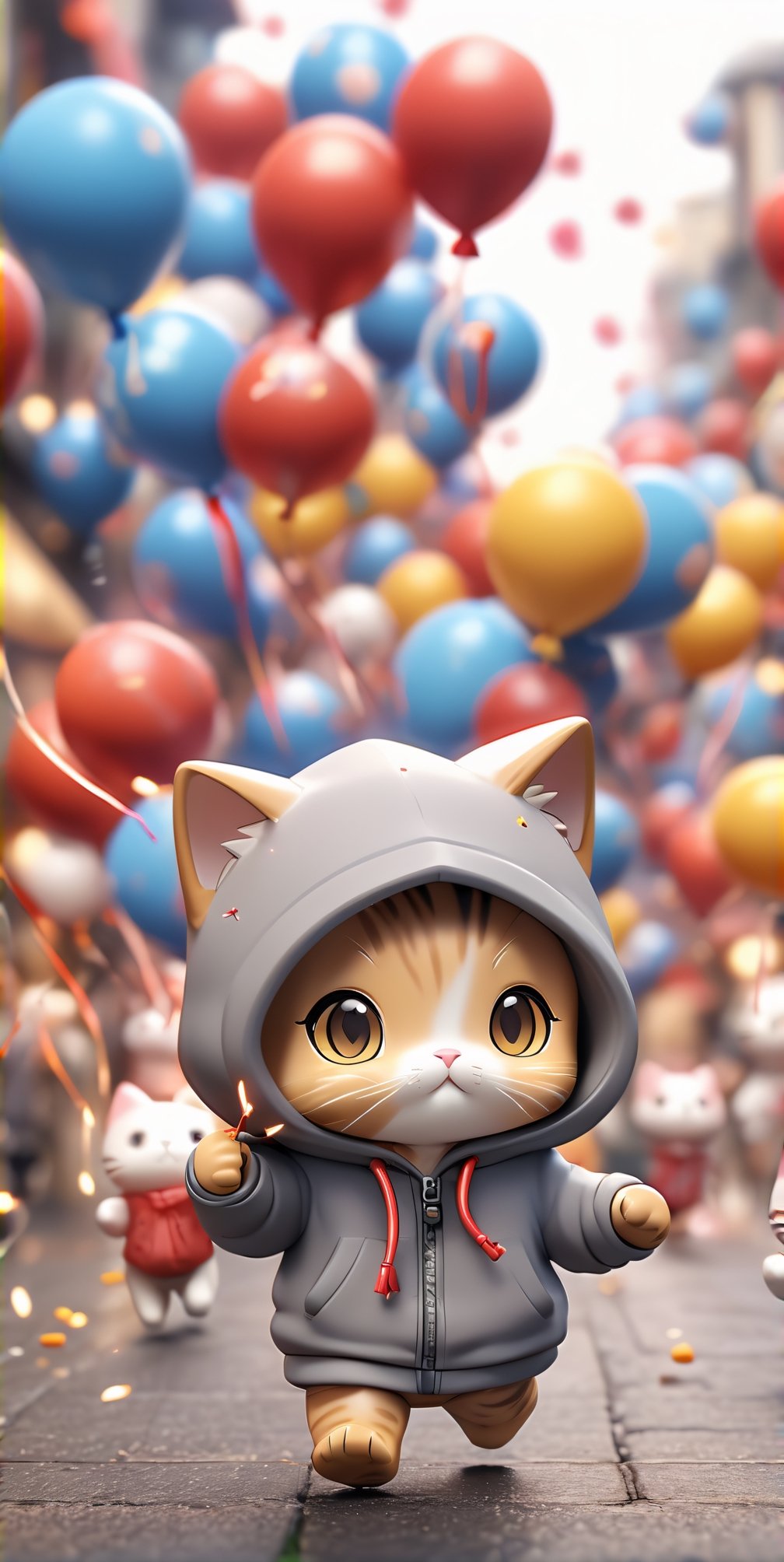 ((chibi style)), chibi cat in hoodie walking on busy street, new year setting, balloon and firecrackers, dynamic angle, depth of field, detail XL, closeup shot, finetune,ghibli