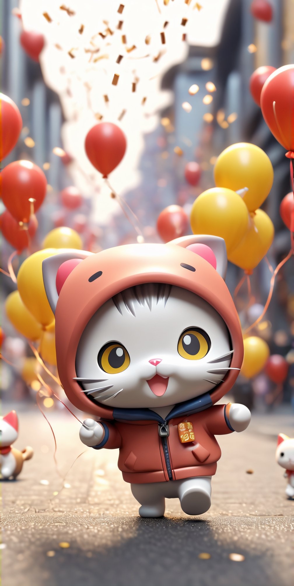 ((chibi style)), chibi cat in hoodie walking on busy street, new year setting, balloon and firecrackers, dynamic angle, depth of field, detail XL, closeup shot, finetune,ghibli,make_3d, flexis lucido chloting plastica reflex material