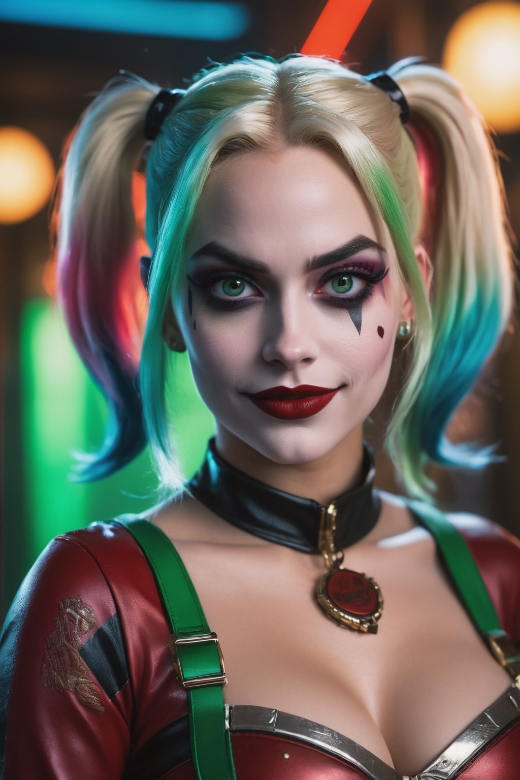 The Harley Quinn with Green Evil Light eyes and lighting green thunder Dc , scary, Classic Academia, Flexography, ultra wide-angle, Game engine rendering, Grainy, Collage, analogous colors, Meatcore, infrared lighting, Super detailed, photorealistic, food photography, Cycles render, 4k, dance joke prank laugh,Leonardo style ,cinematic  moviemaker style, HarleyQuinn1024, cyberpunk background, detailed eyes, photography, highly detailed, sharp focus, trending on artstation, studio photo, intricate details, highly detailed, Photorealistic depiction of Harley Quinn (Southern Italian face: 1.2), symmetrical facial features, radiant complexion, expressive eyes, perfect eyes, (highly detailed skin, detailed eyes: 1.1), (blue eyes: 1.1), perfect lips, ( makeup lipstick: 0.1), hair intricate detail of Harley Quinn, full body, well-proportioned physique, muscle definition, (large breasts: 1.3), colorful clothing, t-shirts or tops, mini skirts or shorts with boots or costumes luxury, attractive posing style, attractive character, (intriguing pose) aggressive posture, natural skin tones, realistic highlights and shadows, detailed textures, high resolution, photographic precision, 8k uhd, DSLR, soft lighting, intricate details, best quality , film grain, fujifilm XT3, analog style, instagram, tik tok, (female style: 1.2), (in club:1.1), stick accessories