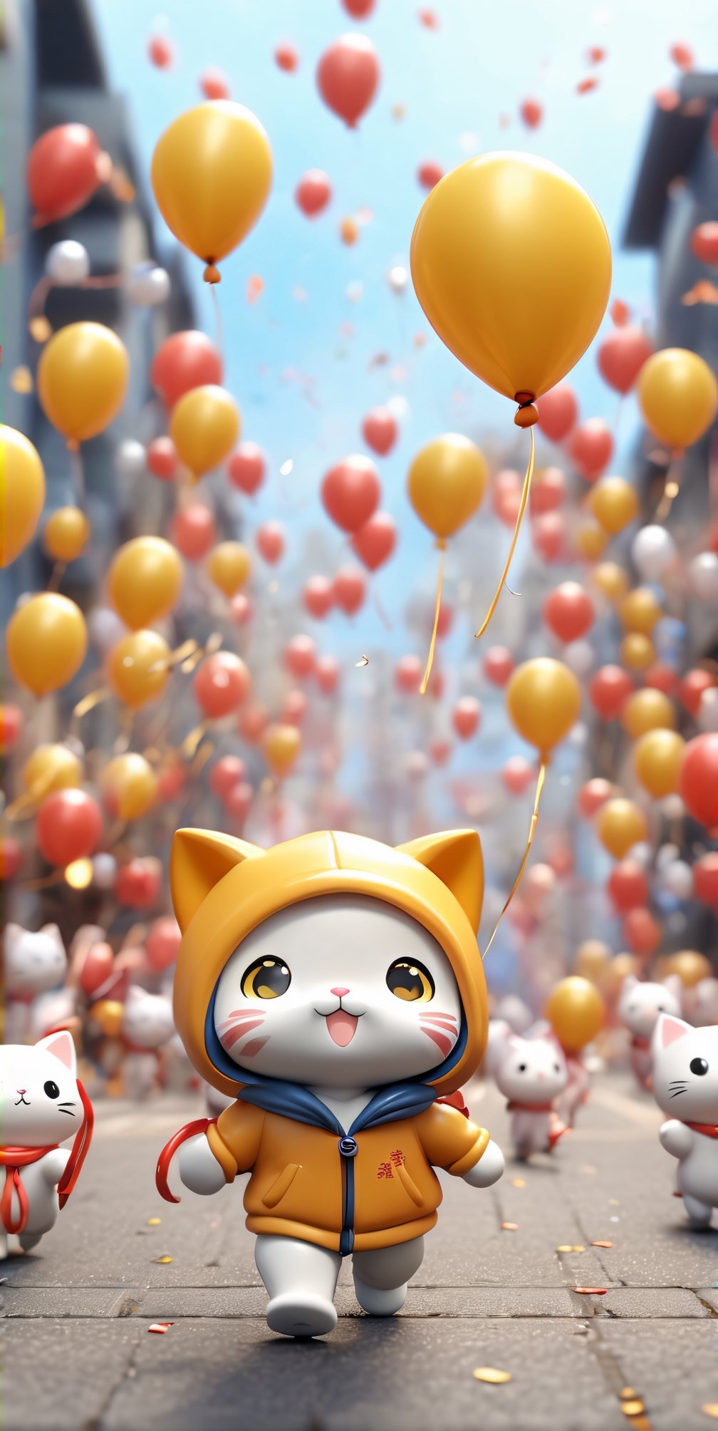 ((chibi style)), chibi cat in hoodie walking on busy street, new year setting, balloon and firecrackers, dynamic angle, depth of field, detail XL, closeup shot, finetune,ghibli,make_3d