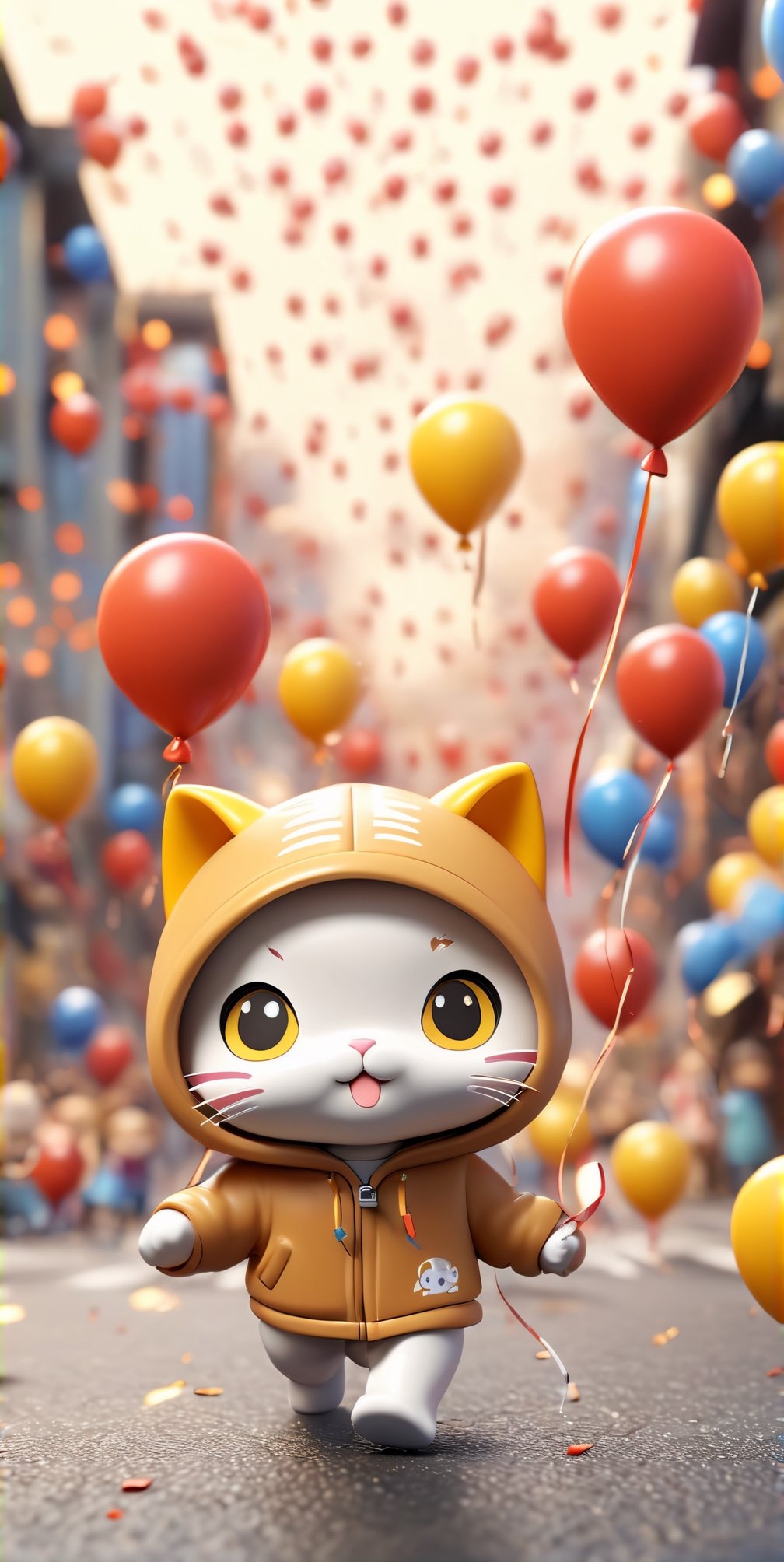 ((chibi style)), chibi cat in hoodie walking on busy street, new year setting, balloon and firecrackers, dynamic angle, depth of field, detail XL, closeup shot, finetune,ghibli,make_3d