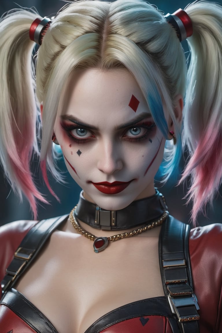 HarleyQuinn1024, cyberpunk background, detailed eyes, photography, highly detailed, sharp focus, trending on artstation, studio photo, intricate details, highly detailed, by greg rutkowski  