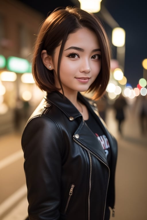 (Masterpiece, best quality, RAW photo, detail skin, 8k),1girl, bust shot, leather jacket, looking at viewer, smile, trendy hair,  (blurry background, street lights, bokeh, night street view), cinematic lighting,high_school_girl