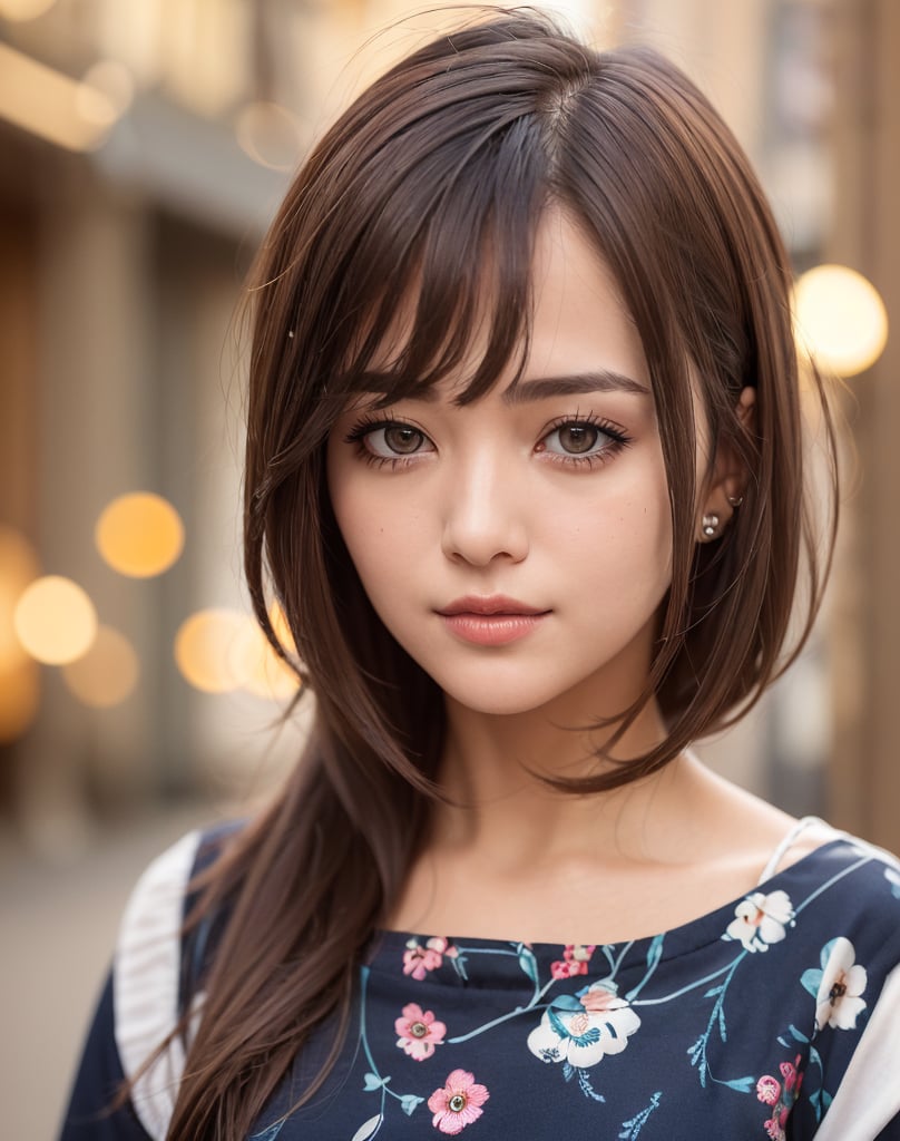 1girl, ultrarealistic, masterpiece, photorealistic, cinamatic lighting, slight smile, bust shot, short trendy hair, very detailed face, traditional ethnic clothing, (bokeh, city, night, blurred background), 8k, deep shadow, low key, 