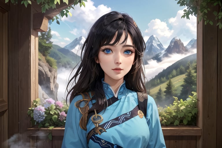 masterpiece, best quality, 1girl with black hairs, blue eyes, colorful, finely detailed beautiful eyes and detailed face, half body, ethnic dress, extremely detailed CG unity 8k wallpaper, (misty woods, bushes, wild folowers, mountain tops, clouds) 