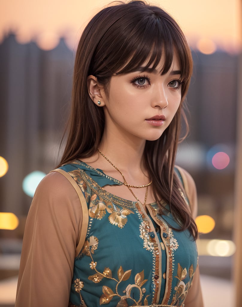 1girl, ultrarealistic, masterpiece, photorealistic, cinamatic lighting, bust shot, short trendy hair, very detailed face, traditional ethnic clothing, (bokeh, city, night, blurred background), 8k, deep shadow, low key, 