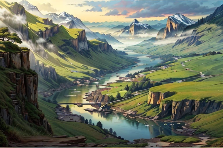 wide landscape, a winding creak,  shrubs and conifors, ( distant mountains,  misty mountain tops and cliffs ), artistic, painting, oveall misty tone, (ultra-detailed:1.3), beautiful detailed glow, an extremely delicate and beautiful, 