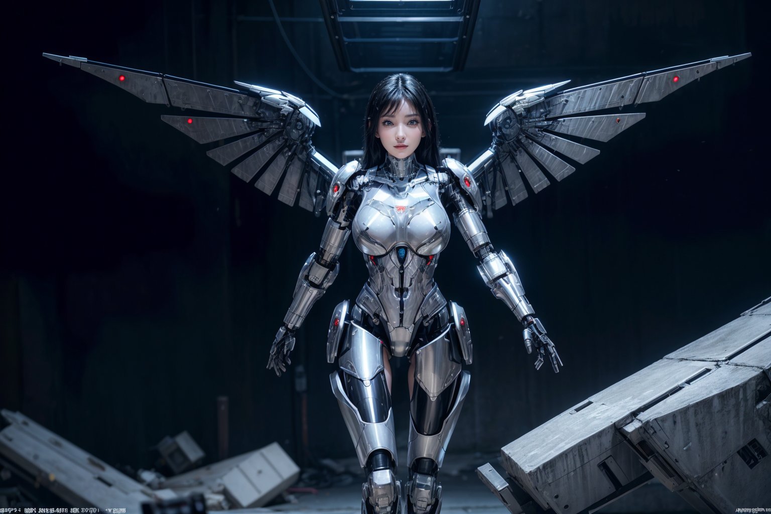 1 female worrior, beautiful face, pale skin, black_hair, medium hair, robotic body, (extra lagge metal cyborg hawk wings), realistic detailed wing on upper back, wings flapping wide, robotic legs, cinematic lighting, robotics arms, robotic hands, futiristic, robotic, mechanical detailed, armored, expressionless face, alone, seen from front, cum in breast,Milk breast,mecha,