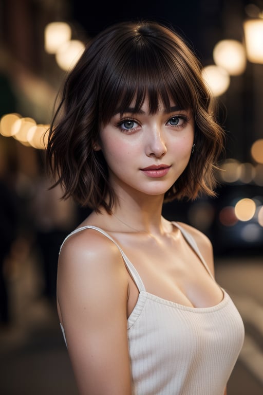 (masterpiece), 1 girl, realistic, half body portrait of most beautiful woman, fashion photography pose, frontal view, facing the camera, small-breasted, ((from botton, bottom view)), ((short hair, wavy hair)), (blurred background, night scene, busy streets, lamps, Bokeh), depth of field, skin texture, happy, perfect face, perfect eyes, beautiful face, 18 years old, teenage, perfect hands,  cinematic lighting, 