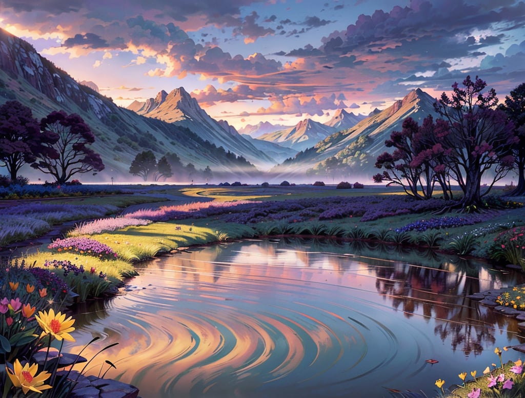 distant mountain tops, depth_of_field, wide angle, (the sky: cloudy with dark and gray clouds, a few dark purple sun beams),  rain forest vegitation and low shrubs, dyndall effect, ( foreground:  winding creek  and pond, reflections, open plane with wild flowers at the most forefont ),  overall misty tone